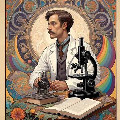 Prompt: Art Nouveau Style Painting, (vibrant colors), a gay man in a lab coat, holding a microscope, and a book in front of him, psychotropic designs, celestial patterns, intricate floral motifs, bold lines, (psychedelic art), (poster design), whimsical ambiance, (Aaron Jasinski-inspired), display of knowledge, captivating gaze, high detail, inviting atmosphere, enchanting background, (ultra-detailed format).