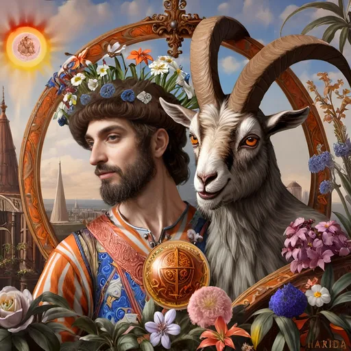 Prompt: A Seven Wonders Art Glass Studio renaissance oil on canvas painting of a man with a goat's head in a circle surrounded by flowers and plants.  Honoring Nuit Spring Equinox 1640