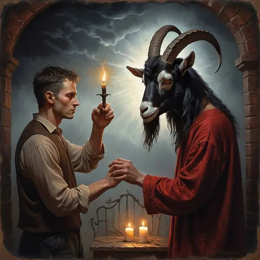 Prompt: (breathtaking fantasy art), a man and a goat reaching hands, melancholic atmosphere, flickering candlelight casting eerie shadows, ominous message on a weathered sign (accurately spelled text "the devil is coming"), dark colors, rich textures, dramatic lighting, intricate details, captivating composition, mysterious ambiance, (oil painting), (ultra-detailed), (high resolution).