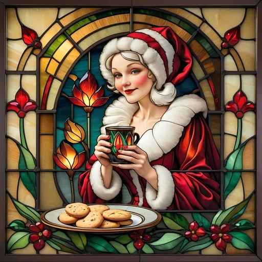 Prompt: A Seven Wonders Art Deco masterpiece stained glass window design.  Coppwe foil and solder method.  A stained glass window of Mrs. clause  sitting in front of a fireplace with a cup of coffee and cookies on a plate.  Honoring Nuit.