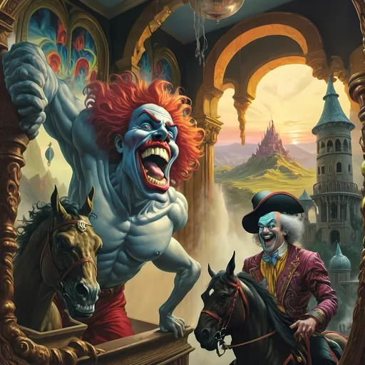 Prompt: Psychadelic (artstyle), dark color scheme, A Seven Wonders Art Glass Studio painting, men riding horses, mountainous area, sunset backdrop, distant castle, (Anato Finnstark), fantasy art, (dark fantasy art), ultra-detailed, matte painting, vibrant swirling patterns, moody atmosphere, contrasting shadows and highlights, immersive .