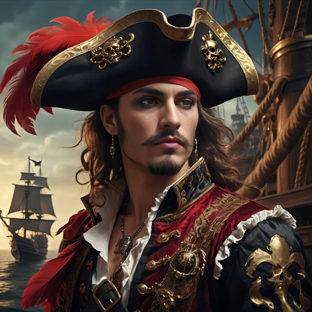 Prompt: (Nuit inspired), a man in a pirate costume, (traditional baroque style), sharp features, dramatic expression, red feather on head, ornate details, pirate ship in the background, rich textures, (dark color scheme), shadows playing across the scene, luxurious fabrics, gold accents, (fantasy art), (character portrait), atmospheric feel, high contrast lighting, (ultra-detailed), striking composition.