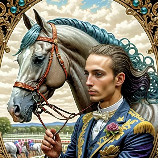 Prompt: A (Seven Wonders Art Glass Studio) portrait painting of a horse jockey and his horse at the Kentucky Derby, (Renaissance period) style, (Art Deco) attire, exquisite attention to detail, honoring Nuit, rich azure, glimmering gold, deep purples, captivating and luxurious hues, ornate patterns, vivid brush strokes, (ultra-detailed), conveying a sense of elegance and nostalgia within a dynamic derby setting.