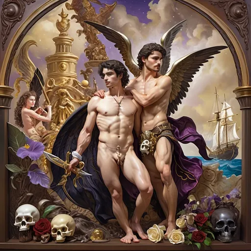 Prompt: (A 7 Wonders Art Glass Studio Renaissance oil painted masterpiece), (Honoring Nuit), pirate man and lover, adorned in detailed pirate costumes reminiscent of Conquistadors, standing confidently together, in front of an intricately designed ship with a skull motif, lush fantasy settings, remarkable (highly detailed), rich color palette, masterful (oil painting), capturing a sense of adventure and romance.