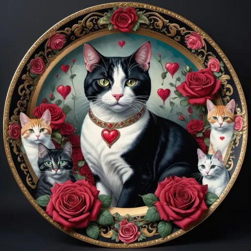 Prompt: (ultrafine detailed painting) queen of hearts, surrounded by (graceful cats), (lush roses), and roses elegantly arranged on a decorative plate with a playful cat on it, (gothic art style), vibrant colors blending into intricate patterns, moody and enchanting atmosphere, high-definition, showcasing romanticism and rich textures in a visually stunning digital masterpiece.