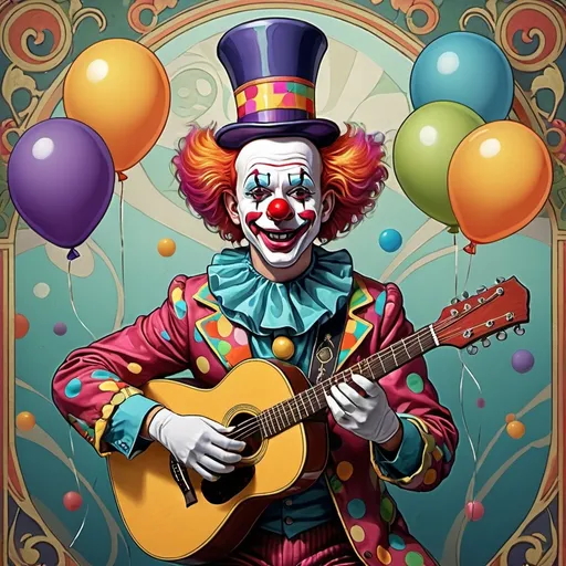 Prompt: (clown with a guitar and balloons on his head), (art nouveau style), (vibrant color scheme), highly detailed digital painting, ultrafine details, whimsical atmosphere, playful demeanor, elaborate clown costume with intricate patterns, colorful balloons floating gracefully, intricate ornamental background, ethereal light play, contrasting vibrant hues, lush and elaborate design elements, fantastic composition, enchanting and lively setting, perfect for a cheerful aesthetic.