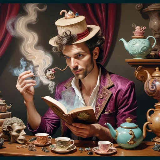 Prompt: (psychedelic still life portrait), a magician jack-in-the-box man, surrounded by (vibrant) teapots and enchanted magical items, items coming to life at a whimsical tea party, an open book exuding shimmering light in front of him, rich jewel tones, swirling patterns, otherworldly atmosphere, 4K, ultra-detailed, dreamlike ambiance.