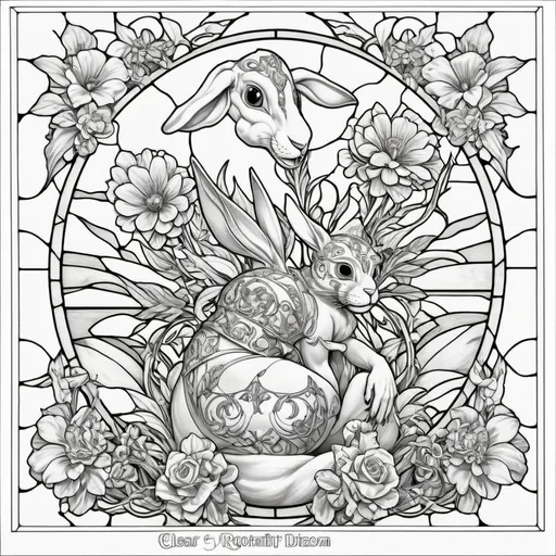 Prompt: A Seven Wonders Art Glass Studio (SWAG) window pattern (traced image) with a rabbit and flowers in it, and a sunburst above it, and a stained glass window with flowers and leaves, art nouveau, intricate linework, lineart.  (Honoring Nuit)