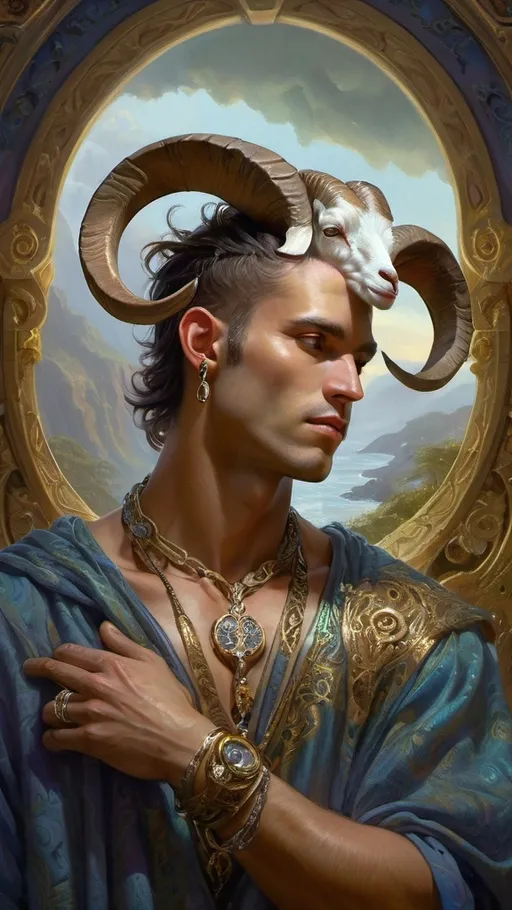 Prompt: (male figure with a goat's head), adorned with (intricate necklace), featuring a (ring around the neck), inspired by Donato Giancola, (fantasy art), (highly detailed digital painting), vibrant color palette, dramatic lighting, (elaborate textures and features), compelling atmosphere, intense expression, rich background with mystical elements, (ultra-detailed), captivating fantasy landscape.