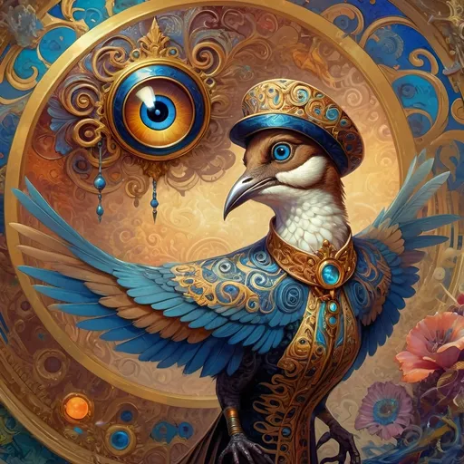 Prompt: a painting of a colorful bird with a circular background and a gold ring around it's neck and a blue eye, Android Jones, psychedelic art, highly detailed digital painting, a detailed painting