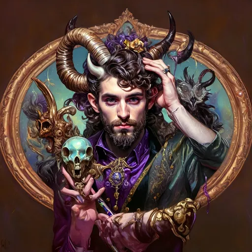 Prompt: a painting of a man magician satyr with horns and a skull in his hand and a crow on his shoulder, with a cane with a scull as orb