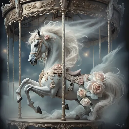 Prompt: (renaissance still life), carousel horse ghost, muted color scheme, roses on back legs, sky background, fantasy art, ethereal atmosphere, airbrush painting, soft light, intricate details, nostalgic vibe, high depth, ultra-detailed, dreamlike ambiance.