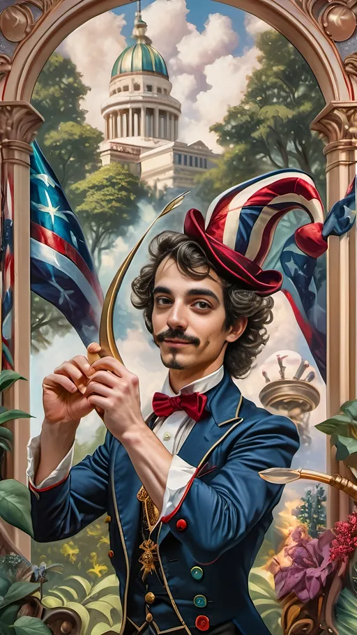 Prompt: Art Deco style, (vibrant color scheme), Renaissance oil painting, (ultra-detailed), (character portrait) of a Magician transforming into a Satyr, lush Arcadia setting, surrounded by abundant lush greenery, delicate flowers, soft sunlight filtering through trees, dreamlike atmosphere, enchanting and whimsical vibe, intricate details in expression and pose, capturing magical transformation moment.