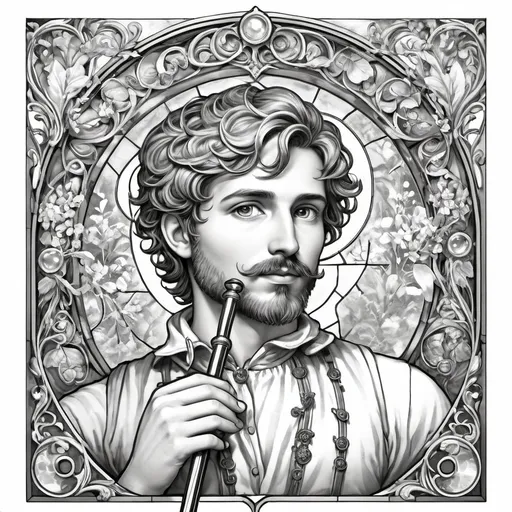 Prompt: black and white coloring page, (A Seven Wonders Art Glass Studio stained glass window), Pan holding his flute, (Renaissance Period), (classical influences), (Art Nouveau elements), intricate designs, whimsical shapes, nature motifs, mythical themes, flowing lines, ornate details, delicate patterns, (stained glass style), honoring the God Pan of Arcadia, creative and vivid artistry, suitable for coloring enjoyment, enchanting ambiance.