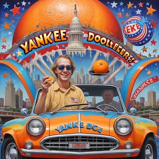 Prompt: (accurately spelled text "Yankee Doodler"), (psychedelic style), (vibrant color scheme), vibrant paint splashes, detailed painting, surreal theme, Russian individual holding a Florida orange symbolizing Republican endorsement, bold patterns, roller coaster car, American flag waving dramatically, Washington D.C. skyline in the background, whimsical elements, bright and vivid colors, intricate details, high-quality image, ultra-detailed.