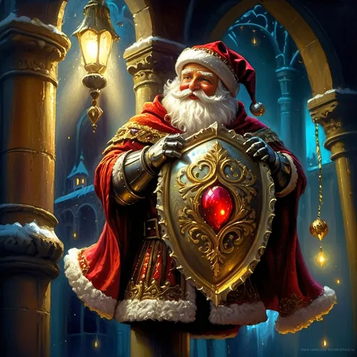 Prompt: An oil on canvas a knight dressed as a santa clause (in honor of Nuit) in a dark city with a light shining on him and a red cape, Ernest William Christmas, antipodeans, epic fantasy character art, concept art