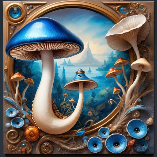 Prompt: (7 Wonders Art Glass Studio masterpiece oil painting), a magical mushroom, blue shell, blue eye (Eye of Horus), enchanting atmosphere, vibrant colors, surreal details, whimsical elements, mystical background, soft lighting, HD resolution, captivating composition, dreamlike surroundings, colorful expression, intricate textures, nature-inspired themes, rich artistic depth, alive with creativity.