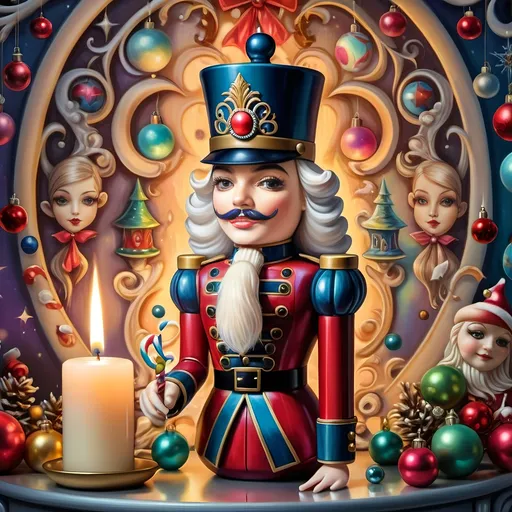 Prompt: (psychedelic nutcracker) with (vibrant color scheme), intricate candle and candle holder in front, surrounded by (Christmas decorations), inspired by (Anne Stokes), (pop surrealism) style, extremely detailed (oil painting), showcasing an enchanting festive atmosphere, swirling colors, and whimsical elements, soft glowing light effects creating a joyful and magical ambiance, (highly artistic) airbrush techniques, (ultra-detailed) vivid imagery.