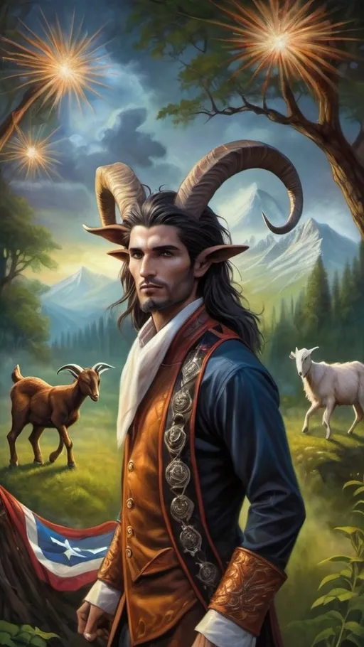 Prompt: (Anne Stokes inspired) painting of a (man with a goat's head), striking pose, a (flag billowing in front), deep magical forest background, high vibrancy, epic fantasy vibe, intricate details, dynamic brushwork, soft highlights and shadows, (masterpiece quality), immersive colors and textures, portraying a heroic and otherworldly atmosphere.