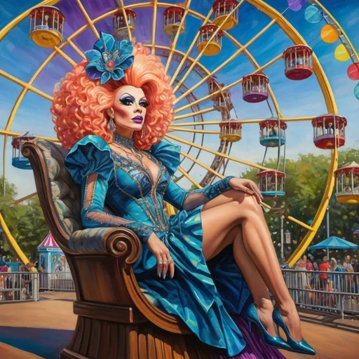 Prompt: (oil painting), psychedelic, (mesmerizing Drag Queen magician), elaborate costume, riding a stunning Ferris Wheel crafted from colorful stained glass, child sitting in lap, drag queen story hour, vibrant and surreal tones, set in D.C.'s Liberty Amusement Park, iconic D.C. monuments in the background, high depth, ultra-detailed, captivating atmosphere, whimsical ambiance, bright color scheme, fantastical elements evoking joy and wonder.