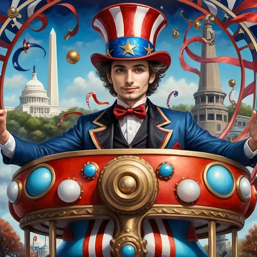 Prompt: (Acrylic painting of a magician man), wearing a (patriotic top hat), joyfully riding a (whimsical rollercoaster) in Liberty Park, with (HD details), vibrant colors, and enchanting motifs. The scene features the (Washington Monument) in the background, as well as the phrase (accurately spelled text "Yankee Doodle"). An aura of celebration and magic surrounds the image, honoring Nuit and the Aeon of Horus.