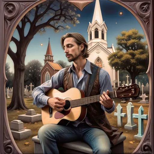 Prompt: A Seven Wonders Art Glass masterpiece painting honoring Nuit.  a man sitting on a grave in front of a graveyard with a tree and a church in the background, Dirk Crabeth, gothic art, western comic book art, a matte painting