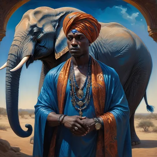 Prompt: (emphasizing a fine art painting), (dark fantasy art), a man in a turban, wearing a flowing blue cape, majestic elephant in the background, intricate details, vibrant colors, rich textures, heavy brush strokes, David Giancola style, (surreal atmosphere), infused with afrofuturism elements, highly sophisticated composition, cinematic lighting, evocative imagery, ultra-detailed, masterpiece quality.