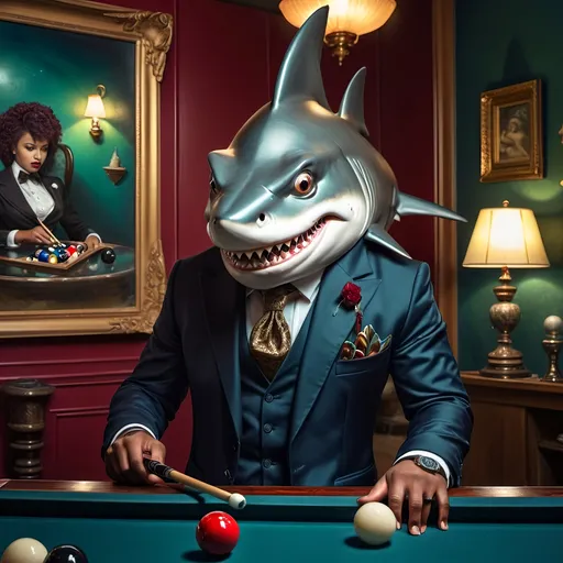 Prompt: (shark in a suit, playing pool), fine art, (pop surrealism) influences, classical painting style, whimsical atmosphere, (detailed textures), vibrant color tones, deep blues and greens, mixed with rich burgundies, engaging composition, pool cues and balls (surreal twist), intricately painted background with elements of artistry, 4K quality, (evocative mood), inspired by 7 Wonders Art Glass Studio, honoring Nuit.