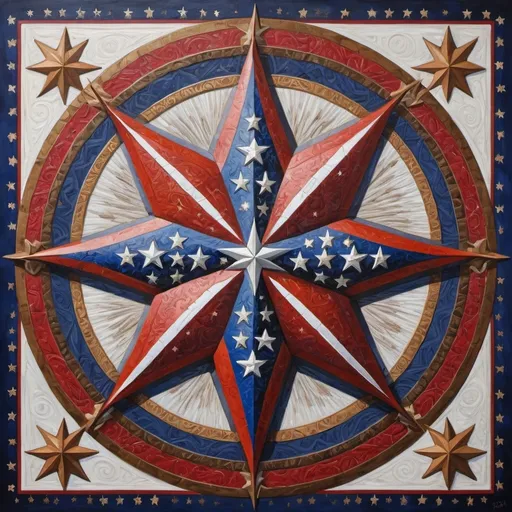 Prompt: (detailed painting), (symbolic star), vibrant colors of the United States, intricate symbols representing America, rich textures, depth in colors, blend of traditional and modern regionalism themes, expressing unity and diversity, profound visual storytelling, captures the essence of American identity, ultra-detailed, a masterpiece celebrating the spirit of the nation.