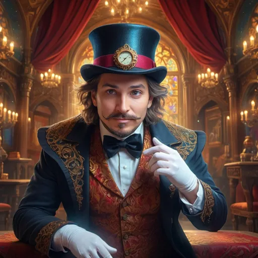 Prompt:  (magician with top hat), (magical ambiance), intricate details, cheerful expression, (ultra-fine detailed digital painting), vibrant colors, dramatic lighting, Renaissance background with ornate architecture, whimsical elements, captivating aura, enchanting atmosphere, showcasing magical effects and sparkles, (4K), enchanting scene, visually stunning masterpiece.