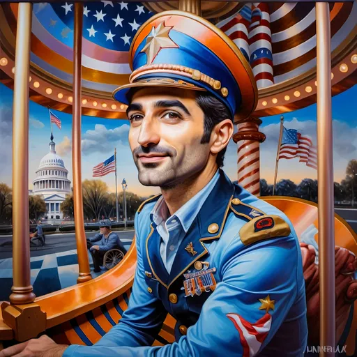 Prompt: (A masterpiece oil painting) of a man in (military uniform), riding the (Carousel of Heroes), vibrant colors highlighting the ornate design of the carousel. The scene is filled with a (nostalgic atmosphere), paying homage to (veterans and active military). Whispering elements of (honor) and (courage) are present, with artistic flourishes emphasizing the essence of (Nuit). The overall feel is (dramatic) and uplifting, portraying both valor and beauty in high definition.