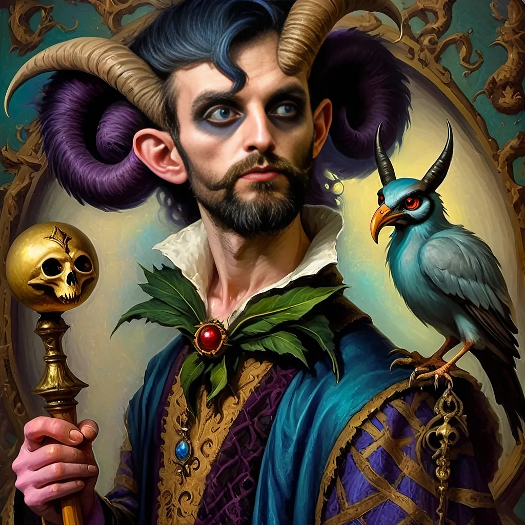 Prompt: A (captivating) oil painting depicting a (mysterious magician) with a (horned head), a (bird perched gracefully on his shoulder), holding a (beautifully crafted cane) and an (orb in his hand), beautifully capturing themes of (fantasy) and (transformation). Character portrait-style, influenced by (Clint Cearley's) signature artistry, with ethereal hues and (vivid detailing) honoring the legendary figures of (Pan and Nuit), set against a dreamy, (surreal background) that evokes wonder.