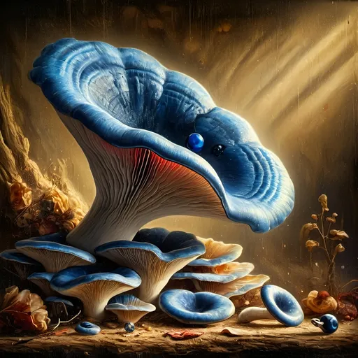 Prompt: (7 Wonders Art Glass Studio masterpiece), oil painting, (honoring Nuit), magical mushroom, (vibrant blue shell), (striking blue eye), Eye of Horus, rich textures, dreamy atmosphere, whimsical background, stars and cosmic elements, (ethereal lighting), enchanting details, high-quality, ultra-detailed composition, surreal and imaginative style.