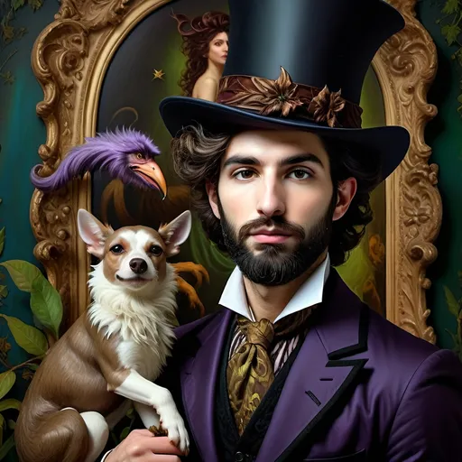 Prompt: (honoring Nuit), moon and stars) captivating handsome man magician, pointed witch hat, facial features highlighted, elegant beard, (renaissance baroque painting style), dark mystical background, rich deep colors with dramatic contrast, elements of Halloween celebration in still life arrangement, enigmatic ambiance, intricate shadows and light, (highly detailed), evoking intrigue and enchantment.