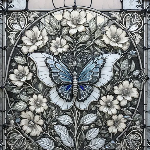 Prompt: (black and white) Seven Wonders Art Glass Studio stained glass window design, featuring a butterfly surrounded by intricate flowers, detailed patterns, elegant shapes, honoring Nuit, flourishing botanical elements, whimsical ambiance, beautifully structured lines, perfect for a coloring page, artistic and engaging composition, inviting creativity, crisp outlines, enchanting mood.