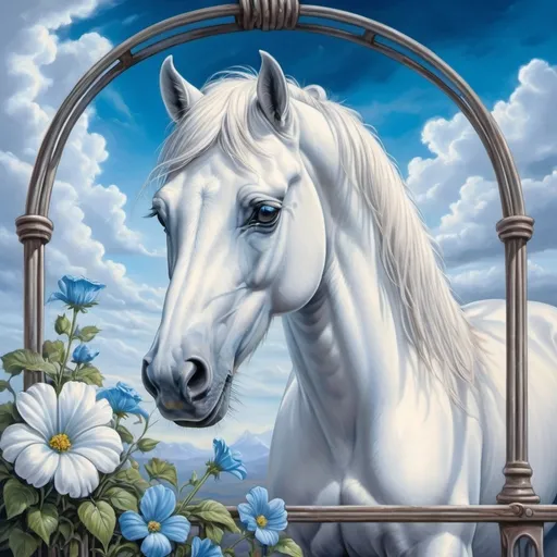 Prompt: (white horse), stands in a cage, with a delicate flower in its mouth, (bright blue sky) as the backdrop, (fantasy art), inspired by (Anne Stokes), dreamy atmosphere, ethereal and enchanting, airbrush painting style, soft and vibrant colors, (ultra-detailed), captivating and imaginative scene, harmonizing nature and fantasy elements, invoking a sense of wonder and serenity.