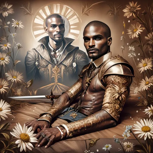 Prompt: Renaissance painting of a (knight laying on the ground), gripping a (sword in hand), surrounded by (daisies in the foreground), characterized by (misc-macabre style), (dark color scheme), inspired by (Anne Stokes), (fantasy art), (storybook illustration), moody ambiance, vibrant detailed textures, (ultra-detailed), dramatic shadows, rich depth, a hauntingly beautiful scene.