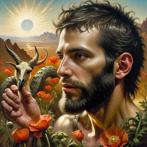 Prompt: A Seven Wonders Art Glass Studio portrait oil painting of a man with a beard in middle of Mojave Desert peak Poppy bloom season. Honoring Nuit