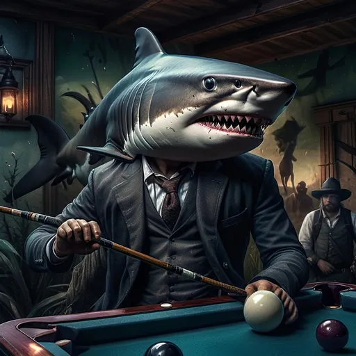 Prompt: (shark in a suit, playing pool), fine art, (pop surrealism) influences, classical painting style, whimsical atmosphere, (detailed textures), vibrant color tones, deep blues and greens, mixed with rich burgundies, engaging composition, pool cues and balls (surreal twist), intricately painted background with elements of artistry, 4K quality, (evocative mood), inspired by 7 Wonders Art Glass Studio, honoring Nuit.