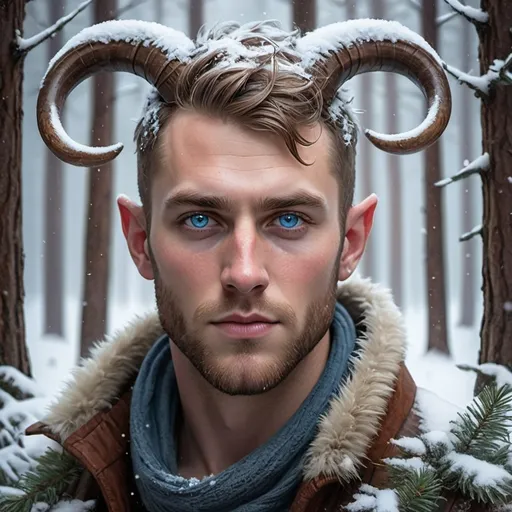 Prompt: a man with horns and blue eyes in a snowy forest with fir trees and snowflakes on his face, Evan Charlton, fantasy art, epic fantasy character art, a character portrait