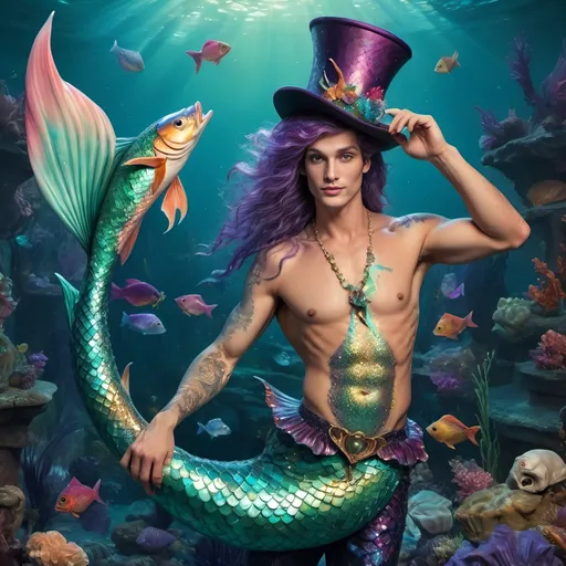 Prompt: a merman in a top hat and a mermaid tail is holding a fish in his hand and a hat is on his head, David LaChapelle, fantasy art, fantasy artwork, a character portrait