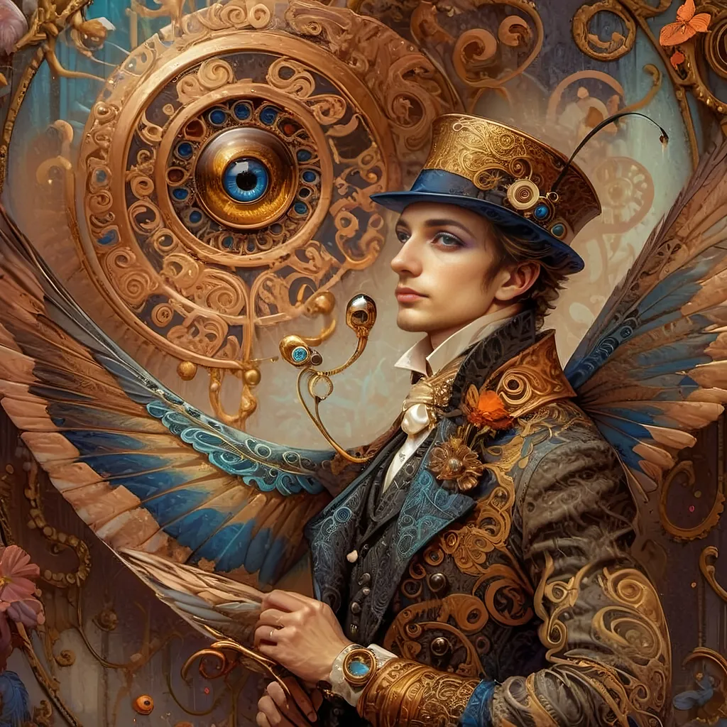 Prompt: a painting of a colorful bird with a circular background and a gold ring around it's neck and a blue eye, Android Jones, psychedelic art, highly detailed digital painting, a detailed painting