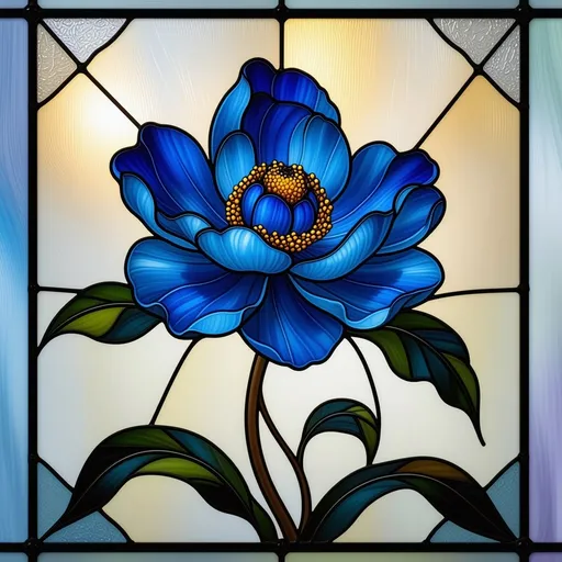 Prompt: (A Seven Wonders Art Glass Studio stained glass window), featuring a stunning blue flower at its center, (exquisite detail), influenced by Flora Macdonald Reid and the Arts and Crafts movement, (Flemish Baroque style), rich texture, intricate designs, warm and vibrant colors illuminating the glass, glimmers of sunlight reflecting through, creating a captivating ambiance, (ultra-detailed), (high quality).