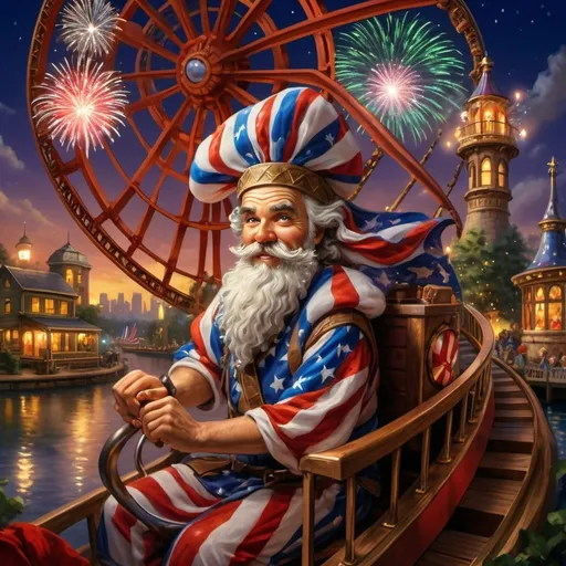 Prompt: (7 Wonders Art Glass Studio), a person in (patriotic dress), riding a vibrant rollercoaster at Liberty Park, fireworks bursting in the dark sky, U.S. flag-themed floats in the background, the illuminated Capital Wheel on the Wharf, celebrates the essence of freedom, (cultural homage to goddess Nuit), energetic ambiance, verdant park surroundings, (4K) resolution, ultra-detailed composition, festive and inspiring atmosphere.