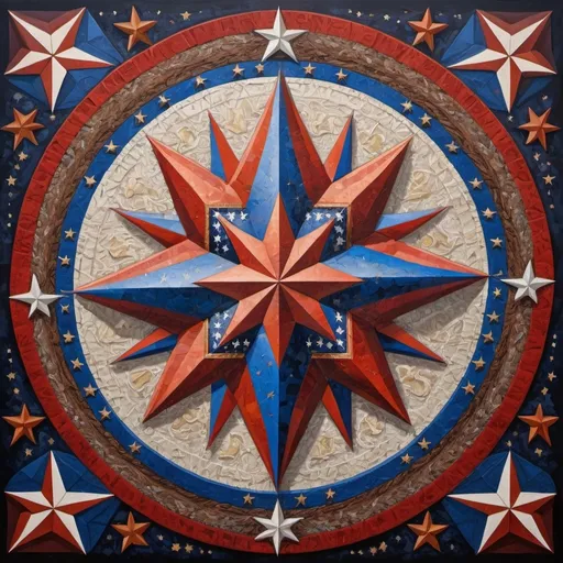 Prompt: (detailed painting), (symbolic star), vibrant colors of the United States, intricate symbols representing America, rich textures, depth in colors, blend of traditional and modern regionalism themes, expressing unity and diversity, profound visual storytelling, captures the essence of American identity, ultra-detailed, a masterpiece celebrating the spirit of the nation.