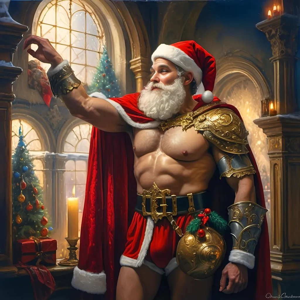 Prompt: An oil on canvas a knight dressed as a santa clause (in honor of Nuit) in a dark city with a light shining on him and a red cape, Ernest William Christmas, antipodeans, epic fantasy character art, concept art