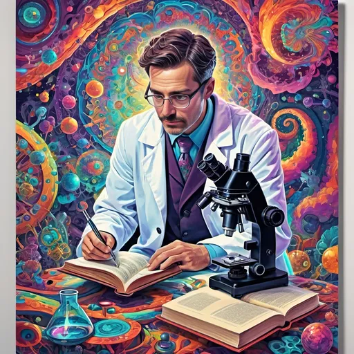 Prompt: (poster), (psychedelic art), gay scientist man, wearing a lab coat, holding a microscope and a book, vibrant colors, swirling patterns, abstract forms surrounding him, intricate details, mesmerizing visuals, science and knowledge theme, illuminated background, enchanting atmosphere, bold and dynamic composition, visually captivating, high-quality 4K, artistic masterpiece.