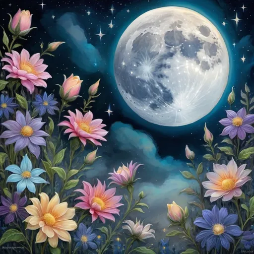 Prompt: (accurately spelled text "the moon is in the sky"), painting of flowers, (serene) moonlit night, honoring Nuit, vibrant colors, intricate details, floral motifs, celestial atmosphere, ethereal glow, high-resolution fantasy art, framed artwork, whimsical elements, (HD) digital masterpiece, enchanting ambiance, lush blooms filled with magic, awe-inspiring moonlight, combining nature and celestial beauty.