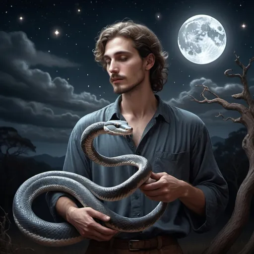 Prompt: (ultra realistic illustration), man holding a snake, (Adam Manyoki), set against a breathtaking night sky, twinkling stars, full moon casting a silver glow, inspired by pre-Raphaelitism, dramatic contrasts, intricate details, ethereal ambiance, perfect for an album cover, haunting yet captivating, rich textures, HD quality, seamless blend of elements.