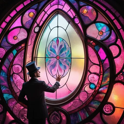 Prompt: (psychedelic art), magician man, (vibrant color scheme), pink top hat made of stained glass, tuxedo, enchanted stained glass magic portal mirror, colorful aura, swirling patterns, fantastical elements, dreamy atmosphere, intricate details, high contrast colors, HD quality, surreal ambiance, whimsical background, captivating reflections, alluring expression, intricate visual depth.